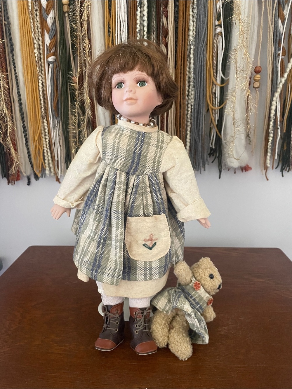 Classic Porcelain Doll with Blue-Gray Plaid Dress - brunette with her bear